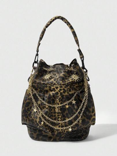 Fairycore 1pc Vintage Leopard Print Bucket Bag, Star Chain Decor Retro Shoulder Bag For Women,