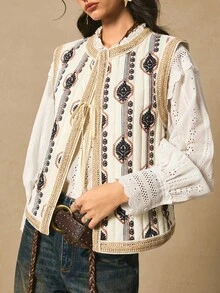 Easelle Women's Floral Pattern Ribbon Tie Front Casual Vest Jacket, Winter And Autumn Women's Clothing, Padded Jacket, Pattern Details, Autumn And Winter Coat - Multicolor - View 7