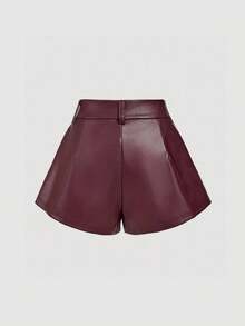 SHEIN MOD Women's High Waist Faux Leather Pleated Shorts,Elegant Winter Burgundy Chic Leather Look Shorts For Party,Brunch,Tea Party,Wedding Guest,Concert - Burgundy - View 2