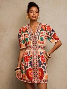 Travachic V-Neck Printed Woven Mini Dress For Women, Vacation,National Day,  New Year Clothes,  Going Out Outfit, Luxury Elegant Graduation, African Print Dress, Mexican Style Dress Women, Boho Dress For Women,Fall Winter Clothes, Christmas Party, New Year, Wedding Guest Outfits, Elegant Graduation, Luxury Prom Dress, Casual Outfits - Multicolor - View 4