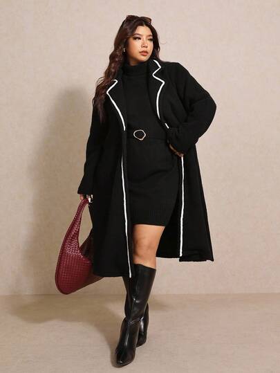 Elaquor 大码女式黑色厚人造毛皮大衣，休闲中长款，秋冬