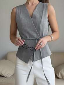 INAWLY Moda feminina casual cor sólida design minimalista camisola amarrada