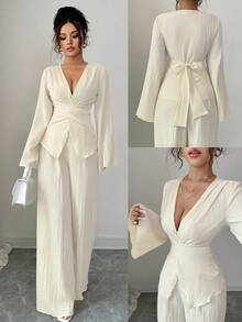 Elenzga 新款春秋纹理奶油黄色女装，法式交叉系带腰部修身 V 领喇叭袖蝴蝶结后背衬衫 + 高腰宽松阔腿裤 2 件套，经典百搭，适合日常、通勤、度假、约会、派对 - 杏色 - 查看 7