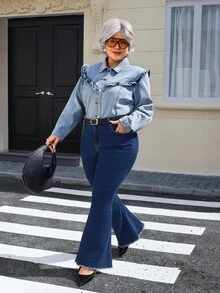 EMERY ROSE Damen Große Größen Vintage Washed Jeans Bluse, Herbst/Winter - Helle Waschung - Übersicht 3