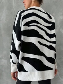 EURMUSE Plus Zebra Striped Pattern Drop Shoulder Sweater, For Winter - Black and White - View 2
