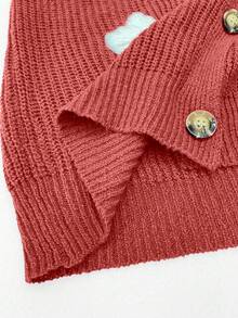 SHEIN LUNE Christmas Plus Size Women Solid Color Knitted V-Neck Daisy Embroidered Single-Breasted Lantern Sleeve Casual Cardigan Sweater, Autumn/Winter - Red - View 4