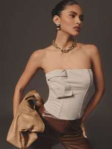Hauture Formal Old Money Business Office Sexy 3D Cargo Pocket Strapless Bandeau Bustier Top - Khaki - View 5