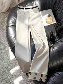 Franclia Quần ống đứng thường ngày dành cho nữ có cạp chun, dây đai và cổ tay áo in họa tiết, vừa vặn thoải mái, quần ống đứng màu trắng, tiệc mừng lễ Tạ ơn năm mới mùa thu - Màu be - Xem 1