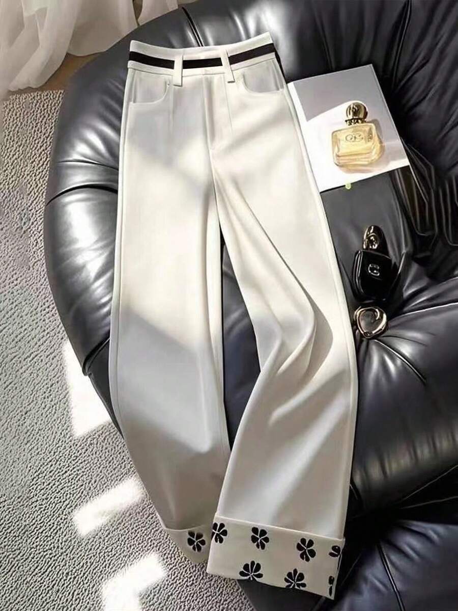 Franclia Quần ống đứng thường ngày dành cho nữ có cạp chun, dây đai và cổ tay áo in họa tiết, vừa vặn thoải mái, quần ống đứng màu trắng, tiệc mừng lễ Tạ ơn năm mới mùa thu - Màu be - Xem 1