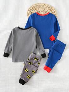 SUPERMAN X Cozy Pixies 4pcs Baby Boy Cartoon Print Soft Knit Crew Neck Long Sleeve Top And Elastic Waist Long Pants Snug Fit Pajama Set, Suitable For Autumn/Winter Boys  Pajamas Fall - Grey - View 2