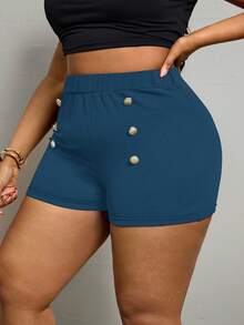 SHEIN PETITE CURVE 大码女式高腰纽扣短裤 - 水鴨藍 - 查看 5