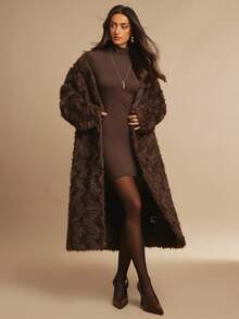 Silquee Women's Solid Color Long Sleeve Long Fluffy Brown Fur Jacket, Loose Fashion Design Clothing Thanksgiving Women's Fur Coat Autumn Women's Clothing Christmas Women's Clothing Homecoming Comfortable Soft Warm Suitable For Parties And Dates With Belt Tie - Brown - View 3