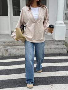 DAZY Áo nỉ nữ tay dài vải dày họa tiết cổ chữ V dáng rộng màu trơn phong cách đường phố thường ngày, mùa thu/đông - Màu be - Xem 5