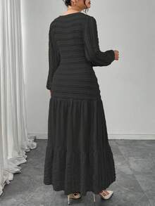 Modelyn Plus Size Women Knitted Long Sleeve Split Square Neck Frill Trim Dress - Black - View 2