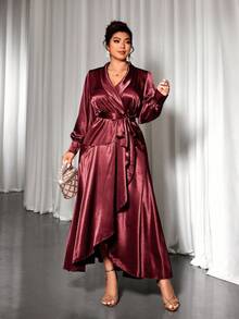 Cravure Váy suông tay loe cổ chữ V bóng loáng cỡ lớn cho nữ, viền bất đối xứng ở eo - Màu Đỏ Sâu - Xem 4