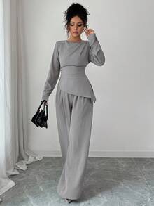 SHEIN Raffinéa 2 件套女士圆领纯色褶皱不对称下摆长袖上衣端庄两件套 2 件套休闲套装女士灰色 2 件套 2 件套女士优雅舒适两件套 - 灰色 - 查看 8