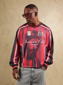 SUMWON 复古俱乐部运动衫条纹常规版型圆领经典套头衫，胸前有文字图案，秋冬休闲街头服饰 - 紅色 - 查看 4