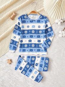Young Boy Short Sleeve Top & Pants Snug Fit Pajama Set, Christmas Gift Fall Winter - Blue - View 6