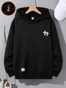 SHEIN 青少年男童简约宽松撞色字母印花卫衣，休闲学院风，舒适百搭，面料柔软，适合日常穿着、上学、外出、户外活动，秋冬季男童卫衣，青少年黑色卫衣，十字架图案卫衣，秋冬季男童卫衣，青少年黑色基督教卫衣，哥特十字架酷炫摇滚印花卫衣 - 黑色 - 查看 4
