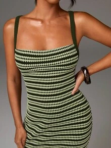 Athîral 女式条纹修身时尚吊带长裙 - 軍綠色 - 查看 4