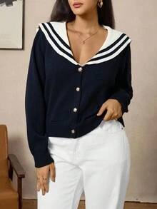 Zelara 大码女式海军蓝领休闲百搭毛衣水手开衫女式学院风开衫女式水手上衣航海风毛衣女式海军蓝开衫女式水手女式学院风上衣女式夏季开衫女式航海风女式学院风女式冬季新年 - 藏蓝色 - 查看 8
