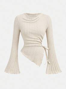 Girlism 少女杏色抽绳不对称下摆喇叭袖T恤，舒适秋季穿着