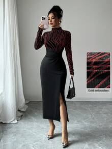 Modelyn 女式斑马条纹立领长袖侧开衩下摆扭腰修身连衣裙，带烫金印花，优雅晚会礼服，女士优雅开叉，开叉大腿，扭纹长袖立领修身长款黑色常规袖图案修身女式长裙，春/秋，休闲日常穿着超长女装长款晚礼服 - 酒紅色 - 查看 3