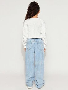 Radiana Tween 女童休闲运动百搭白色纹理圆领宽松短款套头运动衫 - 白色 - 查看 2