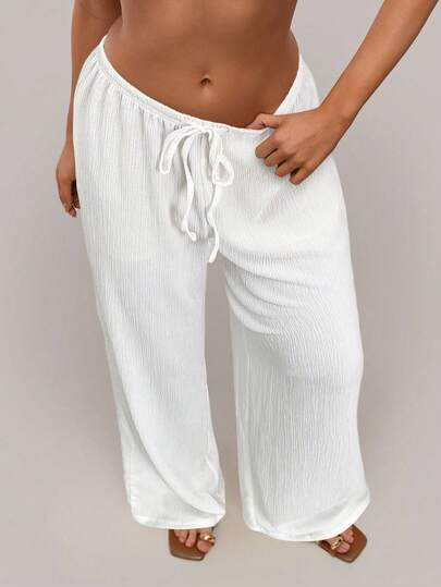 SHEIN Forever 21 Women's Solid Color Drawstring Waist Wide Leg Loose Casual Pants
