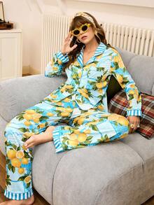 Chillnights Bộ đồ ngủ họa tiết lá chanh cổ điển màu tương phản dành cho nữ, trang phục thu đông - Nhiều màu - Xem 4