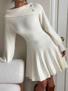 SHEIN EZwear Christmas New Autumn/Winter Clothes Women's Winter Sweater Dress Women's Solid Color Button Design Long Sleeve Pleated Hem Fashion Knit Dress