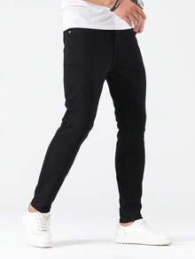 Manfinity Homme 男士时尚休闲修身口袋牛仔裤 - 黑色 - 查看 1