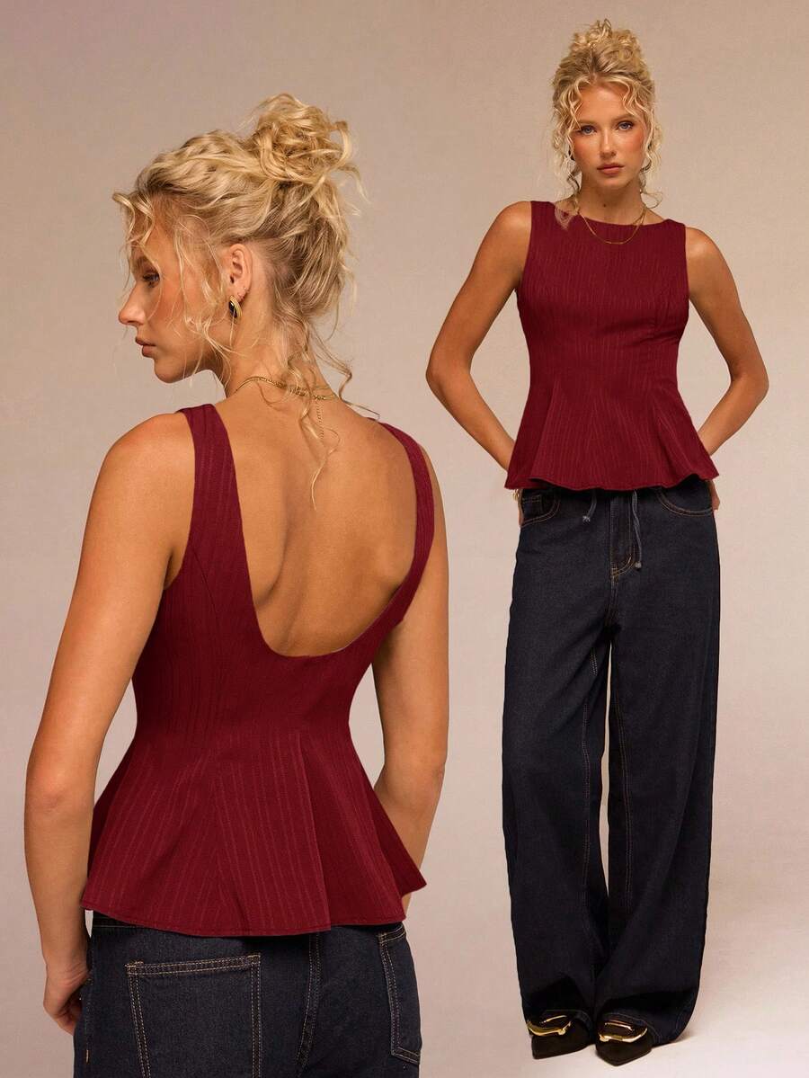 Avantive Women's Round Neck Ruffle Hem Sleeveless Casual Top, Suitable For Commuting And Everyday Wear,Red Top - Burgundy - View 1