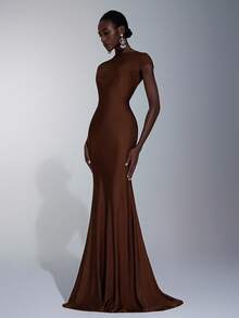Elitara 优雅奢华深棕色弹力针织褶饰露背荷叶边伴娘礼服 - 棕色 - 查看 7