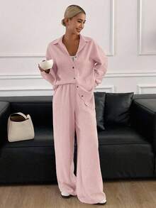 Livesso 西部风沙滩度假纯色仿牛仔亚麻宽松休闲两件套女装，春秋/冬季女士家居服套装 - 粉色 - 查看 5