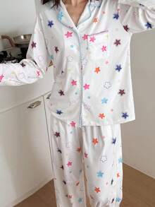 DAZY 女士可爱星星印花撞色滚边睡衣套装，秋冬服装 - 白色 - 查看 5