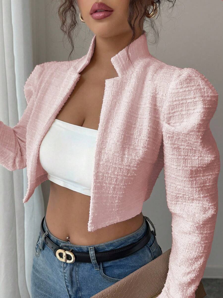 Elenzga Women's Textured Knit Fabric Stand Collar Leg-Flattering Long Sleeve High-End Elegant Thanksgiving Halloween Street Style Outerwear, Lightweight Short Jacket For Autumn/Winter