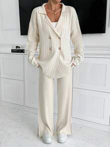 EURMUSE Handmade Stitch Embroidery Sweater And Pant Knit Set - Beige - View 6