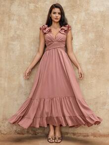 SHEIN Privé VITNOS 新款秋季花卉系带交叉露背连衣裙，返校连衣裙，女士性感鸡尾酒会礼服，婚礼宾客礼服，生日礼服 - 藕粉色 - 查看 7