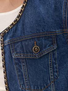 Selenza 女式休闲牛仔夹克，带缎带饰边，长袖，秋季 - 藍色 - 查看 5