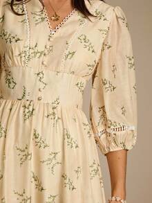 Enchnt Romantic Light Yellow Floral Print V-Neck Lantern Sleeve Ruffled Hem Dress Is Perfect For Autumn And Winter. Sweet And Elegant, It's Suitable For Vacations, Dates, Holidays, Parties, Graduations, Wedding Guests, The Beach, Dances, Sundresses, Carnivals, And Other Autumn/Winter Occasions. - Yellow - View 2