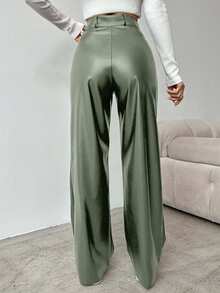 EURMUSE Women's Solid Color High Waist Straight Leg Pants, Suitable For Commuting - Green - View 2