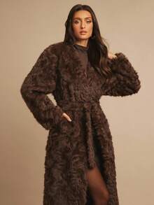 Silquee Women's Solid Color Long Sleeve Long Fluffy Brown Fur Jacket, Loose Fashion Design Clothing Thanksgiving Women's Fur Coat Autumn Women's Clothing Christmas Women's Clothing Homecoming Comfortable Soft Warm Suitable For Parties And Dates With Belt Tie - Brown - View 7