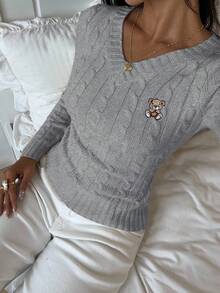 SHEIN EZwear 女式卡通熊刺绣扭纹针织 V 领长袖修身毛衣，秋冬女式毛衣套头衫针织上衣，秋季 - 灰色 - 查看 3