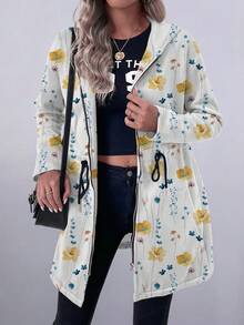 EMERY ROSE 女士休闲度假抽绳口袋连帽运动衫，薄款长款皮草印花夹克 - 彩色 - 查看 6