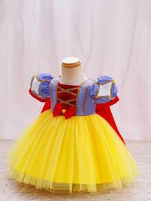 Glamorique Kids Vestido de fiesta de satén azul marino con dobladillo amarillo, cinta dorada y mangas abullonadas para bebé niña, vestido de disfraz lindo para actuaciones en el escenario