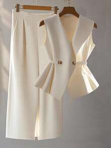 Franclia 1 套女式无袖 V 领系带短款背心和松紧腰直筒西装裤，休闲通勤装 - 杏色 - 查看 7