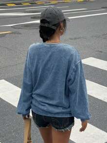 SHEIN EZwear Plus Size Acid Washed Look Vintage Knitted Distressed Loose Fit Long Sleeve T-Shirt Blue Sweatshirt/Fall/Winter - Baby Blue - View 2