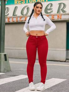 SHEIN ICON 大码女式纯色修身低腰休闲牛仔裤 - 紅色 - 查看 5