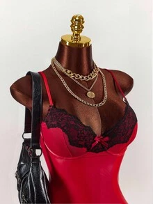 Amplova 女式蕾丝拼布紧身开衩性感细肩带迷你连衣裙 - 彩色 - 查看 5